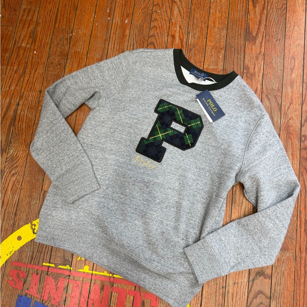 Polo by Ralph Lauren Gray Crewneck Sweater with Black and Green Plaid P